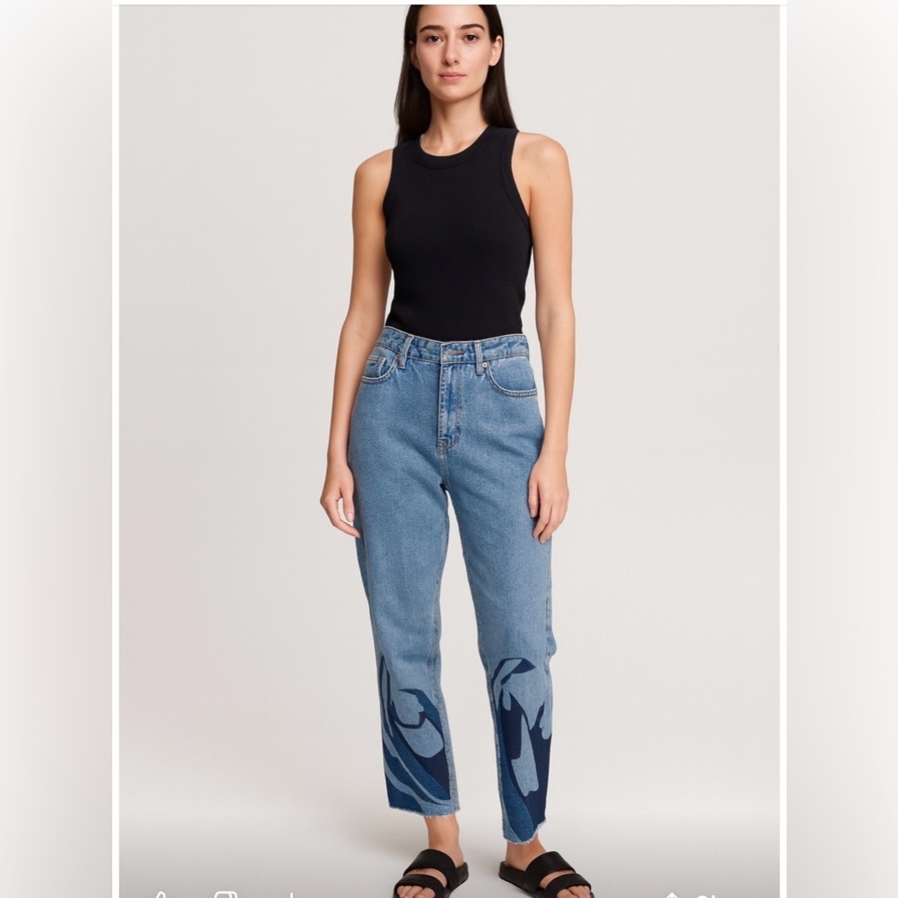 Topshop Blue Straight Leg Jeans with Black  & Blue Pattern